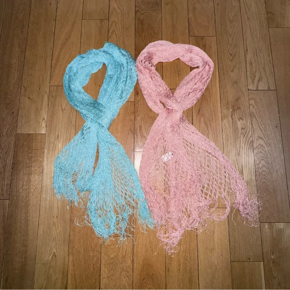 2 Scarves- Pink and Aqua Open-Knit Fringe - Women Accessories